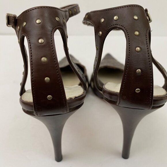 Charles David Brown Leather Studded Pointed Toe High Heels Ankle Strap Size 40 - Picture 7 of 10